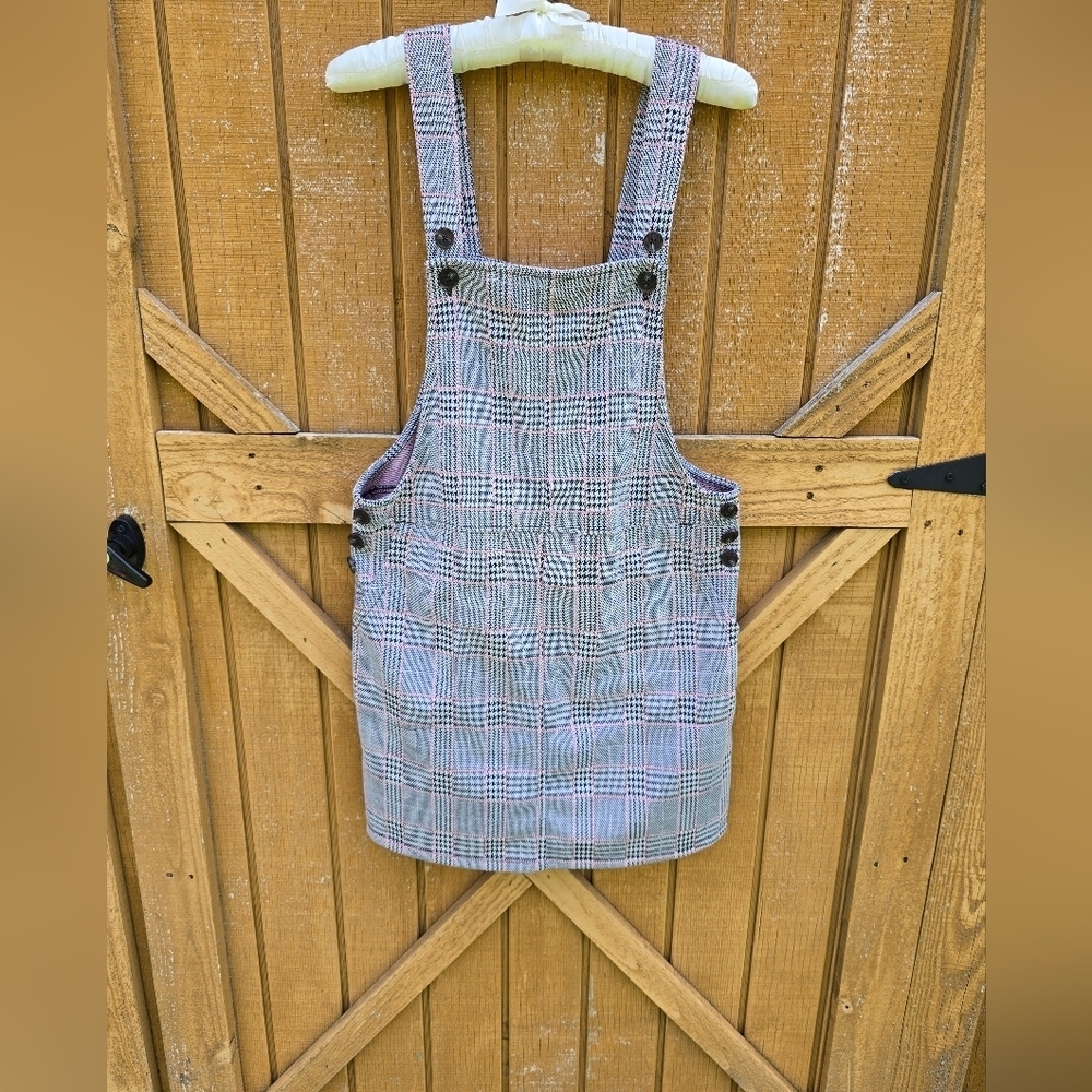 SO JUNIORS  PLAID OVERALL DRESS SIZE Small POCKETS KNIT BUTTON STRAP